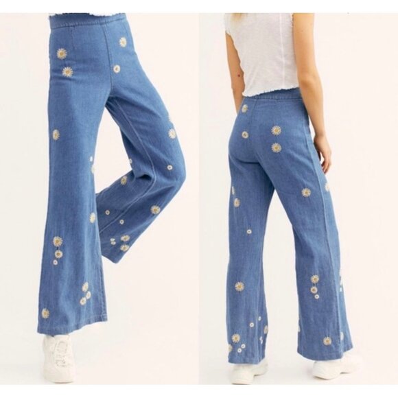 We The Free Pants - We The Free Embroidered Daisy Wide Leg High Rise Pants Cotton Flat Front Blue Sz